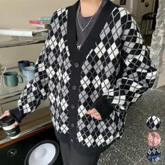 ニットカーディガン レディース カーディガン アーガイルカーディガン Vネック 長袖 ロング セーター 羽織り 長袖 大きいサイズ ゆったり 秋冬