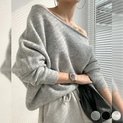 新品 ニット レディース トップス セーター オフショルダー アンシンメトリー 無地 スラッシュドネック おしゃれ セクシー 秋 冬 グレー ブラック ベージュ 韓国 kkkqnz