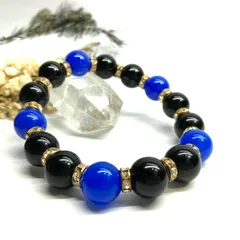 モリオン&青瑪瑙 パワーストーン　ブレスレット　天然石ブレス (ゴールド)　12mm　幸運　開運 厄払い メンズ　男性 厄払い 数珠  [17]