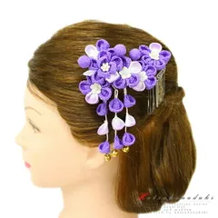 七五三 髪飾り 三歳 七歳 日本髪 つまみ細工 花 2点セット 紫 薄紫 白 ちりめん 下がり 鈴 ビラ 玉飾り パール ピン ぱっちんピ No.12-0132