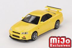 MINI GT × MiJo Exclusives 1/64 ニッサン スカイライン GT-R R34 Vスペック ライティングイエロー (右ハンドル) 完成品