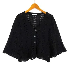 Romolo and Remo ロモロアンドレモ カーディガン サマーニット リネン かぎ編み 透かし編み Vネック 7分袖 M 黒 ブラック