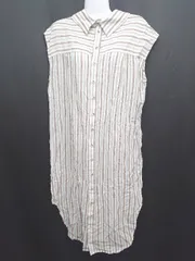 ◇ ⊂ 7115 by SZEKI ストライプ フレンチスリーブ 膝下丈 ワンピース サイズS ベージュ ブラウン系 レディース E  【1507160015602】