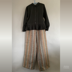 着物リメイク チャコール ボーダー ワイドパンツ 洗える着物 | Kimono Remake Charcoal Border Wide Pants Washable Kimono  #2504-021