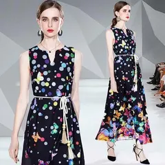 【ブラック蝶々柄★Ｌサイズ】ロング ワンピース　ベルト付き　レディース　 大きめ　体型カバー　ゆったり　Aライン