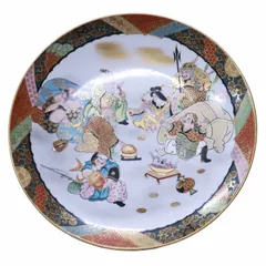 【骨董・美品】大日本九谷造 赤絵 高砂図 飾り皿/大皿/径40cm弱 明治期 明治期 九谷焼 赤絵人物図大皿5客 アンティーク/盛皿/八寸皿
