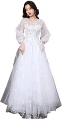 Ominefans 可愛い ウェディングドレス 二次会ドレス 結婚式 プリンセスラインドレス 姫系 パーティードレス 新婦 挙式 ブライダル 袖あり 発表会 ロングドレス Regular( 白B-長い,  S)
