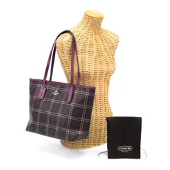 コーチ COACH トートバッグ レザー PVC シグネチャー F80032 チェック 通勤 通学 A4 レディース ブラウン / ピンク 中古 mam01065
