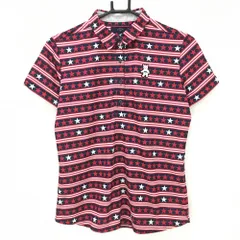 【美品】キャロウェイ 半袖ポロシャツ レッド×ネイビー ボーダー×星柄 レディース L ゴルフウェア Callaway