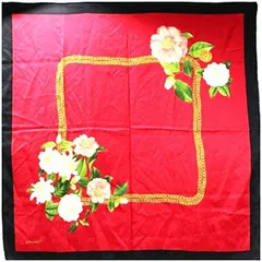 シャネル シルク スカーフ ブラック×レッド 花柄 リボン 中古 Bランク