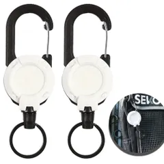 ホワイト リールキーホルダー 2個セット カラビナ付 リールストラップ 金属ワイヤー 最長60cm 伸びる 紛失防止 釣り登山最適 多機能 水筒、鍵、ベルを吊るす など (ホワイト)