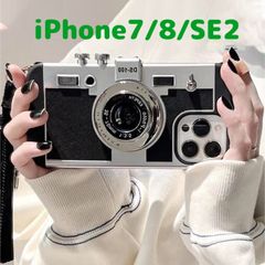 【iPhone7/8/SE2】レトロカメラ  ブラック　スマホ ショルダーストラップ
