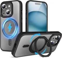 iPhone 15 用 ケース 縦横両対応 360°回転スタンドケース  Mag Safe対応 携帯スマホケース リングマグネット搭載 半透明　カバー ワイヤレス充電対応 マット感 防指紋 耐衝撃性  用ケース アジャスタブルスタンド