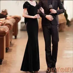 カラードレス カクテルドレス ブラック ロングドレス 袖あり 半袖 ベルベット タイト パーティードレス 発表会 演奏会 ステージ コンクール イブニングドレス ファスナー