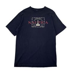 【XL】90s USA製 古着 NAUTICA ボックスロゴ Tシャツ 半袖 ネイビー