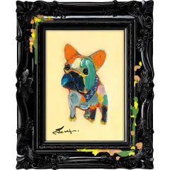 絵画 オイル ペイント アート ～ペンキ デコフレーム シリーズ～「イエロータイム」 犬 動物画 壁掛け 額付き 油絵 カラフル ギフト おしゃれ かわいい インテリア リビング 玄関 プレゼント 部屋に飾る Sサイズ
