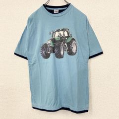 古着 used　ORIGINAL U.S.　半袖リンガープリントTシャツ　トラクター　クルーネック　レトロ　青　ブルー　Mサイズ