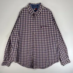 古着 90's/90年代 トミーヒルフィガー TOMMY HILFIGER 長袖シャツ チェック ロゴ 刺繍 胸ポケ XL  レッド マルチカラー メンズ