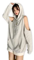 [kanaelun] パーカー フード付き オフショルダー レディース トップス 大きいサイズ フード付き トレーナー ジップアップ スウェット ポケット付き ブラック 長袖 フルジップ ゆったり コート カジュアル ジップパーカー  [ライトグレー] [L]