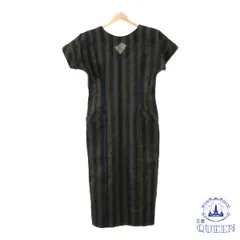 ☆美品☆ ワンピース Iライン Vネック カジュアル 半袖 ロング丈 レディース ストライプ グレー 901-10607 送料無料 古着