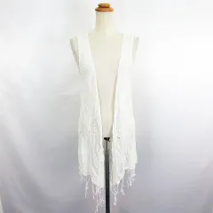 センスオブプレイス バイ アーバンリサーチ Sense of Place by Urban Research ニット カーディガン ノースリーブ 前開き 透かし編み フリンジ F アイボリー ※EKM