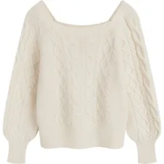 ☆ ホワイト ☆ ケーブルニット トップス スクエアネック ニット レディース 長袖 スクエアネック セーター ニットセーター プルオーバー トップス 冬 秋冬 ケーブルニット ショート丈 ボリューム袖 ぽわん袖 可愛い おしゃれ かわいい オシャレ きれいめ