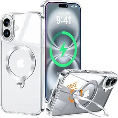 【本体を再現・360°回転スタンド】ZapNet iPhone 16 用 クリア ケース Magsafe 対応 [定点スタンド・超絶安定性][極透明]ストラップホール付き マグセーフ ワイヤレス充電対応 黄変防止 米軍MIL規格取得・耐衝撃 アイホン16  0