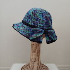 サマーハット：春夏用・バックリボン《ディープシー系ミックス》ハンドメイド