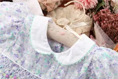 キッズドレス　リングガール　子供　女の子　プリンセス　ワンピース　フォーマル　スモッキング　小花柄　コットン100%　お姫様　パープル　発表会　結婚式　ハンドメイド　春　夏　 おしゃれ　海外子供服　韓国子供服　90 100 110 120 130 140