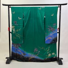 未使用品】振袖 果物 花束 蝶 グリーン クリーム 深緑 - メルカリ