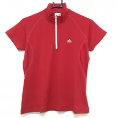 ★値下げ★【超美品】アディダス 半袖ハイネックシャツ レッド 織生地 ロゴ刺しゅう ハーフジップ  レディース M/M ゴルフウェア adidas