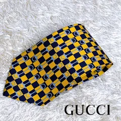 グッチ リング ブロックチェック柄 ネクタイ イエローネイビー イタリア製