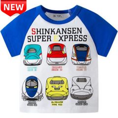 ✨新品✨子供服 新幹線Tシャツ ラグラン 鉄道 電車 キッズ 男の子 100/110/120/130cm 半袖 SUPER EXPRESS はやぶさ こまち かがやき こだま ドクターイエロー のぞみ 青 白 夏服 プレゼント 鉄道好き