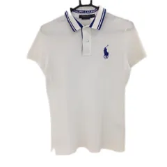 ★特価★ラルフローレン 半袖ポロシャツ 白×ブルー 襟ライン ビッグポニー  レディース M ゴルフウェア Ralph Lauren