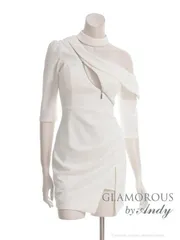 Sホワイト[OF05] [GMS-V890-DGY-2510]【Andy GLAMOROUS/アンディグラマラス】チョーカーデザイン/ ワンショルダー/ 半袖/ 袖あり/ フロントジップ/ ストレッチ/ タイト/ ミニドレス/ キャバドレス