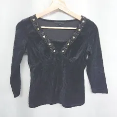 ◇ ANAYI スパンコール ビーズ装飾 Vネック 長袖 ベロアトップス サイズ38 ネイビー レディース E  【1408220023745】