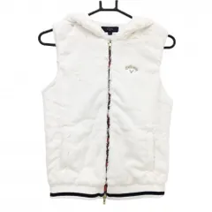 【美品】キャロウェイ フード付ファーベスト 白×ネイビー ロゴゴールド ファスナー部チェック レディース M ゴルフウェア Callaway