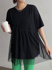 女性用 夏 無地 丸首 メッシュ 切替 半袖 カジュアル Tシャツ