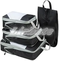 Liebste 旅行用圧縮袋 トラベル ポーチ 4点セット メッシュ パッキングポーチ 衣類圧縮袋(ブラック)