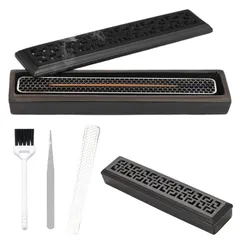 お香立て 陶器製 横置き香炉 透かし彫り 線香立て 線香置き ステンレスス網が付き 線香皿 線香立て横置き 香炉 茶道 書斎 瞑想 仏具 ルーム装飾用 4点セット (ブラック)