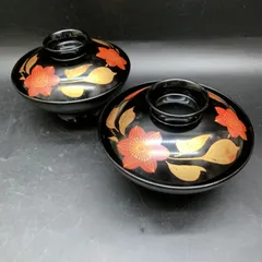 H397 高級漆器 天然木加工 蓋付きお椀 蒔絵 鉄仙花 2客素材 天然木 加工品 てっせん花柄 伝統工芸品 漆器 漆塗り 漆芸
