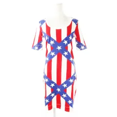 ラブモスキーノ LOVE MOSCHINO Tワンピース ミニ デコルテ 五分袖 半袖 薄手 プリント アメリカン ストライプ 星 スター 40 L 赤 レッド /CK22 ■GY11のサムネイル