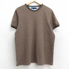 L/古着 トミーヒルフィガー 半袖 ブランド Tシャツ メンズ ワンポイントロゴ 鹿の子 コットン クルーネック 茶 ブラウン リンガー 25aug19 