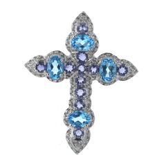 K18WG ホワイトゴールド ネックレストップ ブルートパーズ 5.13ct ダイヤモンド 十字架 クロス モチーフ【新品仕上済】【zz】【中古】