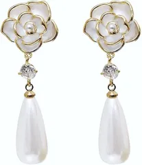 ROSELLA 薔薇 ピアス ホワイト キュービックジルコニア 垂れ下がり パール調 両耳用２つ入り ギフト 誕生日 パーティー 結婚式 上品 人気デザイン(whitexgold)