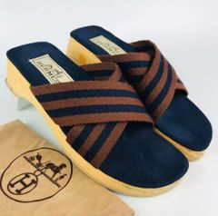 極美品 HERMES フールトゥ ウッドソール サンダル キャンバス Hロゴ