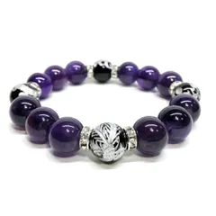 12mm 四神獣銀彫オニキス×アメジスト パワーストーン ブレスレット天然石 運気上昇 開運 恋愛運 お守り 青龍 白虎 玄武 朱雀 2月誕生石 （シルバー）メンズ・レディース 男性・女性 数珠ブレス 開運 ■