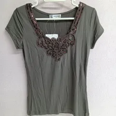 [MICHEL KLEIN]ミッシェルクラン Tシャツ カットソー 半袖 夏 スパンコール タグ付き レディース 古着 サイズ38 M カーキ（い-200，ツ）