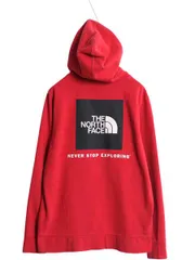 【お得なクーポン配布中!】 ノースフェイス 両面 プリント スウェット フード パーカー メンズ L / 古着 プルオーバー トレーナー アウトドア 裏起毛 ボックスロゴ 赤