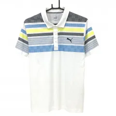 【超美品】プーマ 半袖ポロシャツ 白×ブルー 上部ボーダー調 立体ロゴ メンズ M ゴルフウェア PUMA